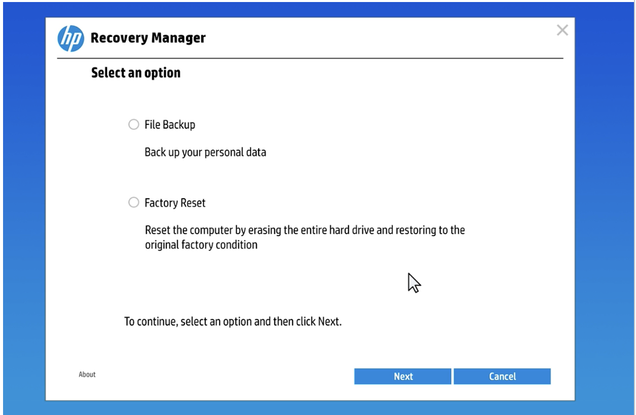 Select Next, click Factory Reset, and click the Next button again after reviewing the message